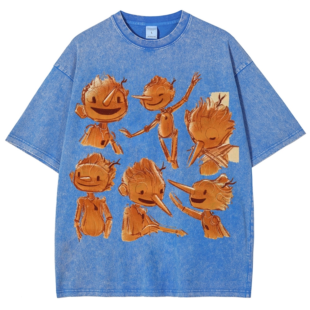 Wooden Puppet Sketch-Style Graphic Washed T-Shirt