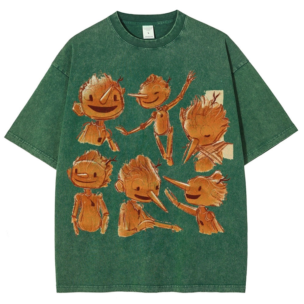 Wooden Puppet Sketch-Style Graphic Washed T-Shirt