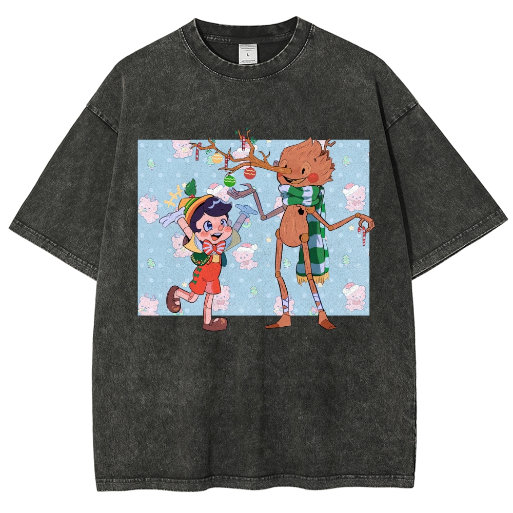 Festive Puppet & Reindeer Figure Graphic Washed T-Shirt