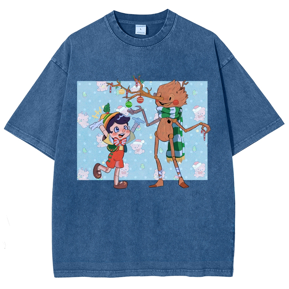 Festive Puppet & Reindeer Figure Graphic Washed T-Shirt
