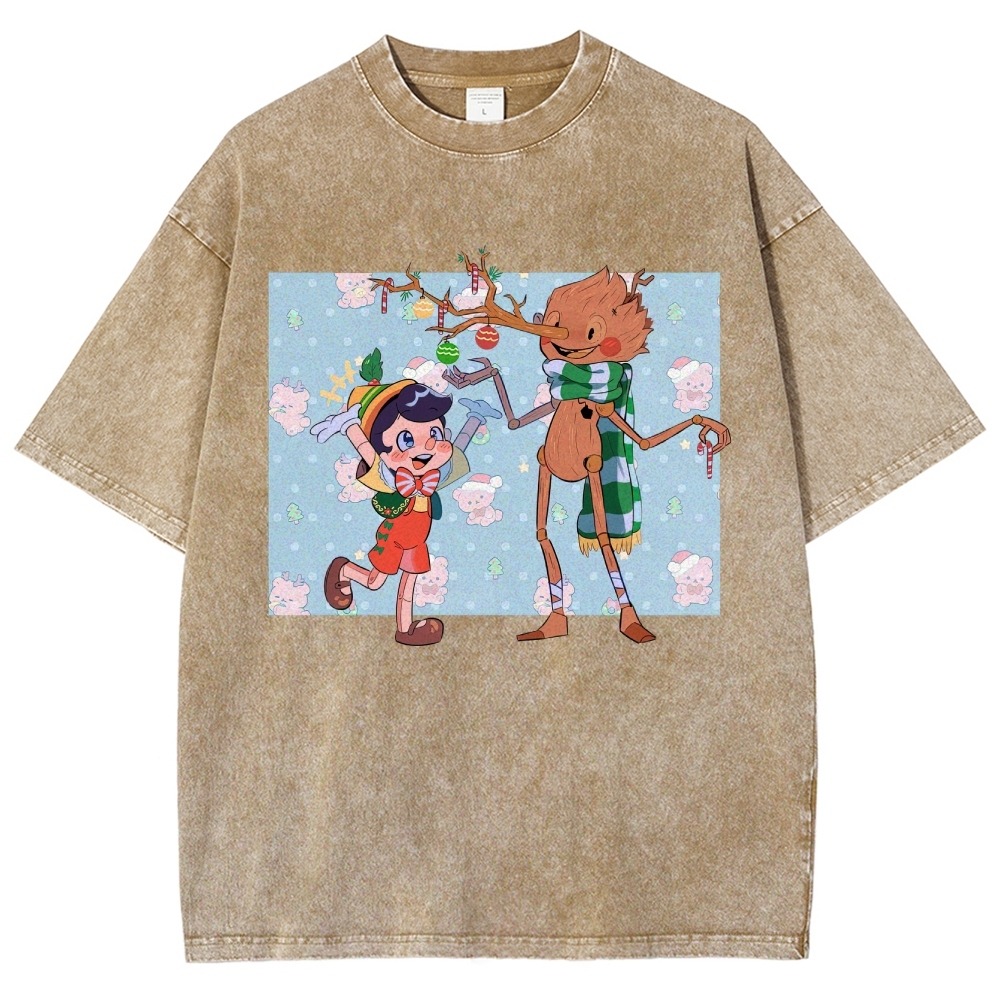 Festive Puppet & Reindeer Figure Graphic Washed T-Shirt