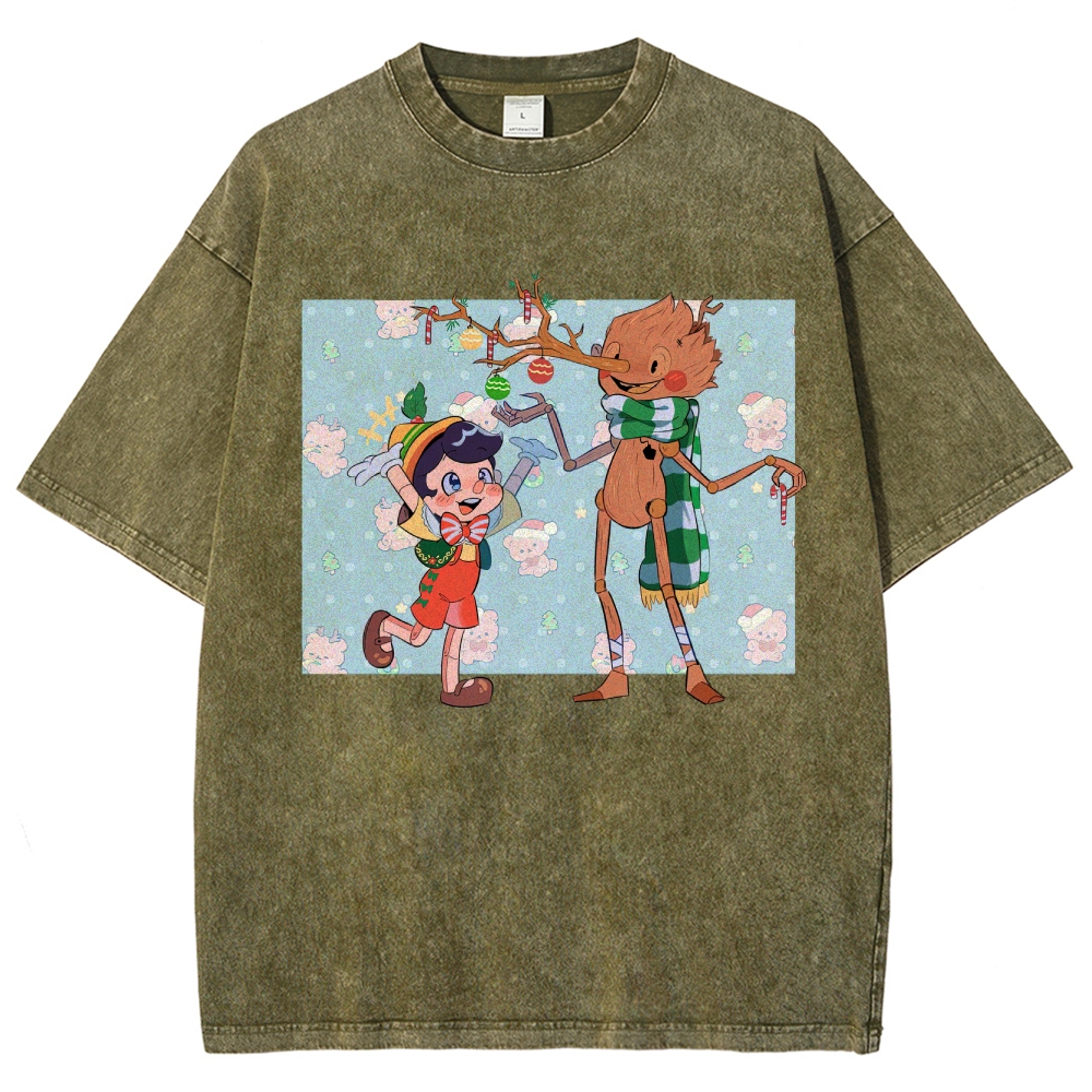 Festive Puppet & Reindeer Figure Graphic Washed T-Shirt
