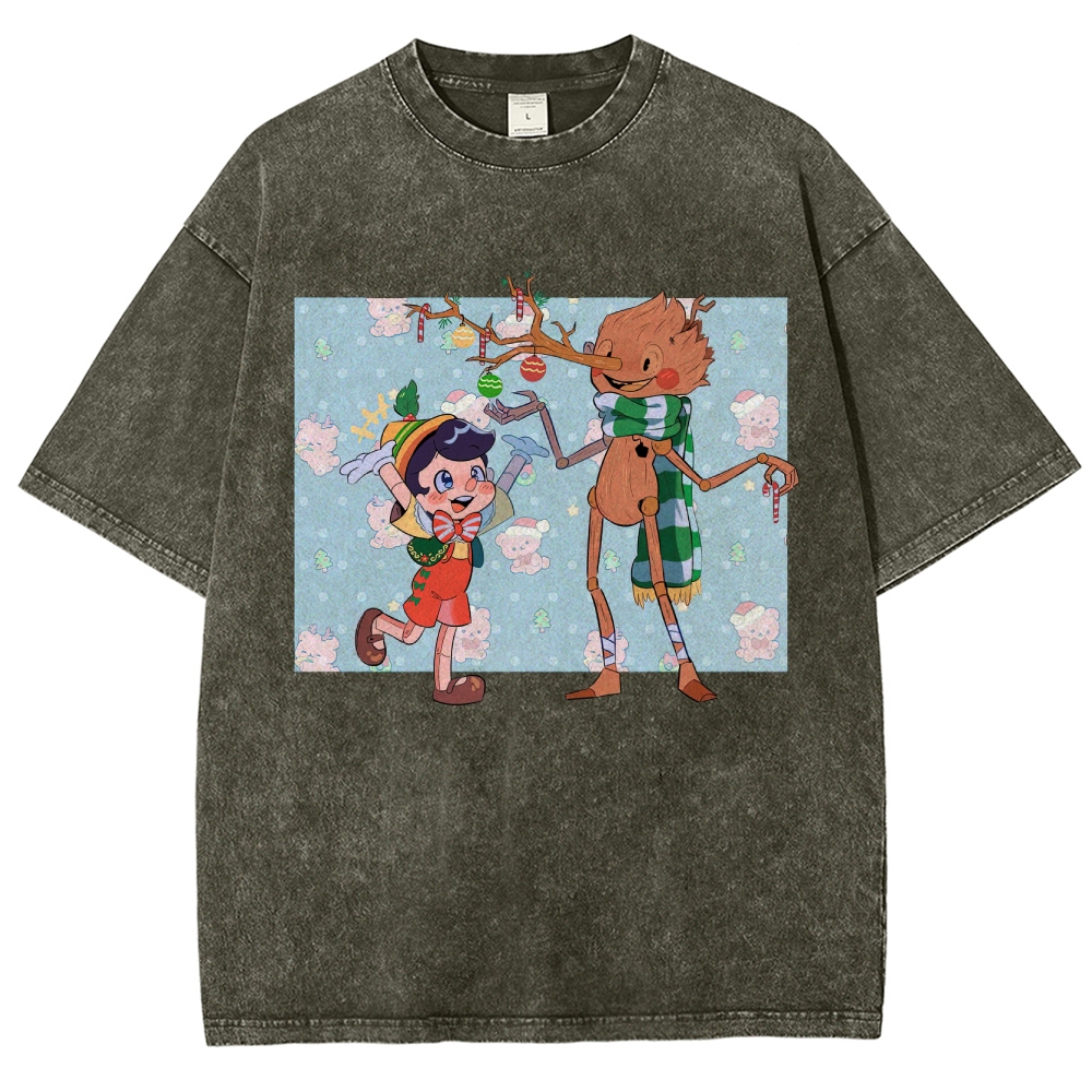 Festive Puppet & Reindeer Figure Graphic Washed T-Shirt