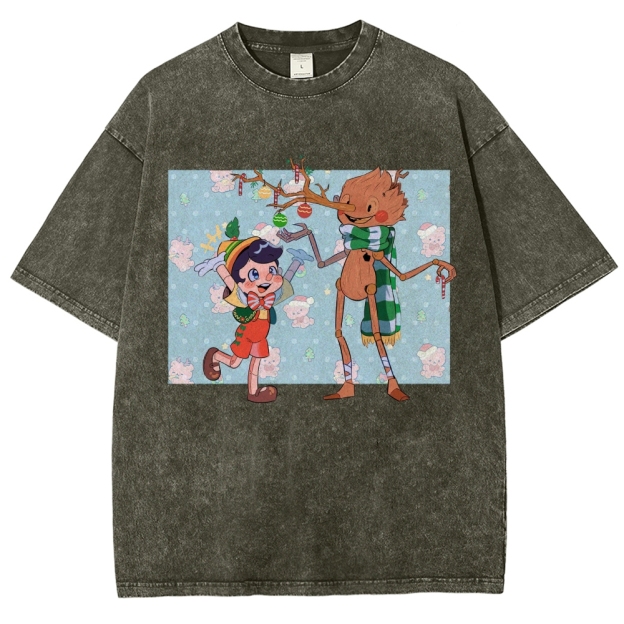 Festive Puppet & Reindeer Figure Graphic Washed T-Shirt