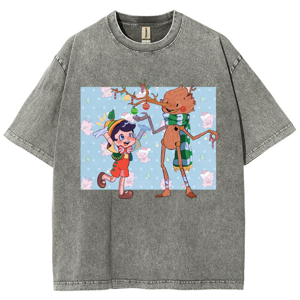 Festive Puppet & Reindeer Figure Graphic Washed T-Shirt