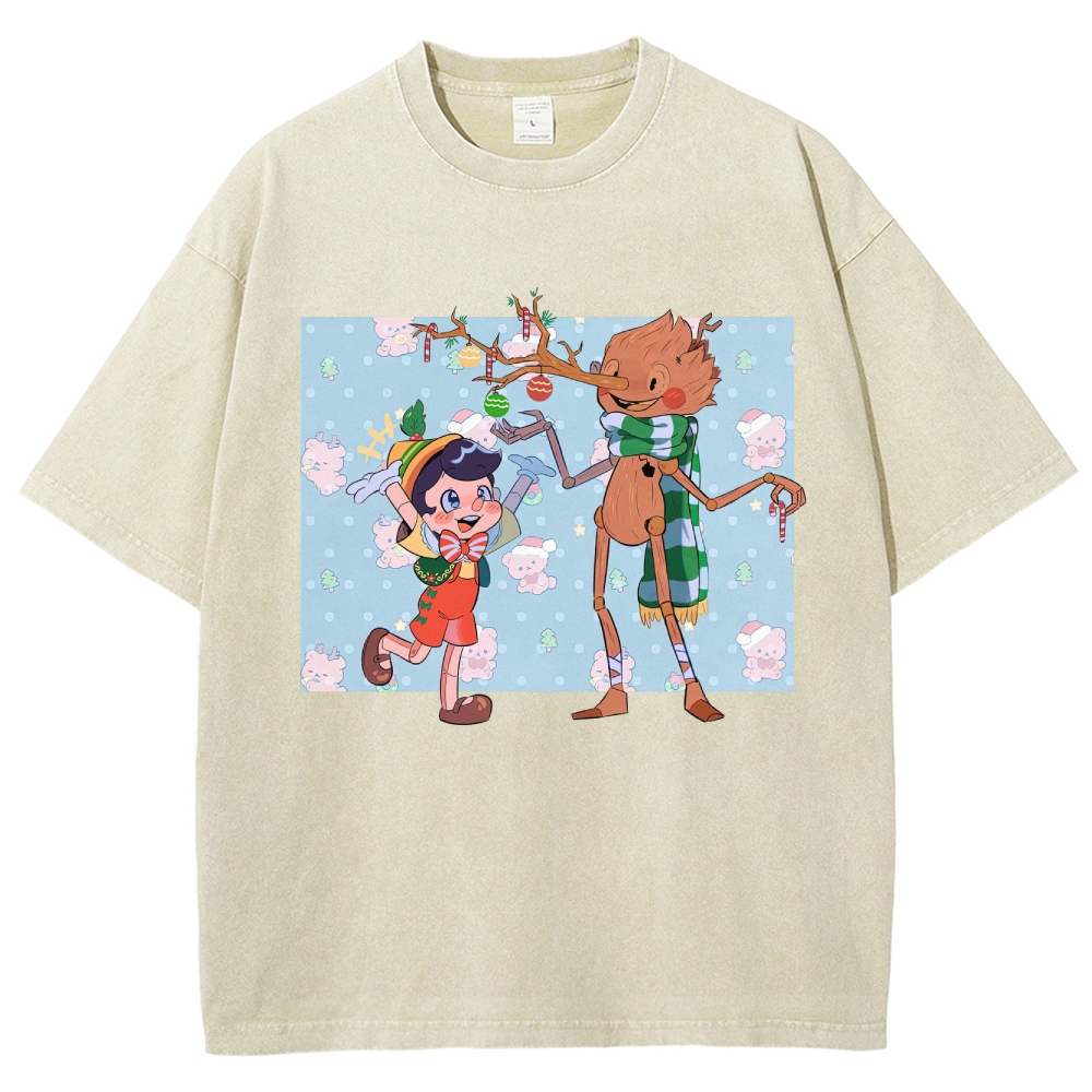 Festive Puppet & Reindeer Figure Graphic Washed T-Shirt