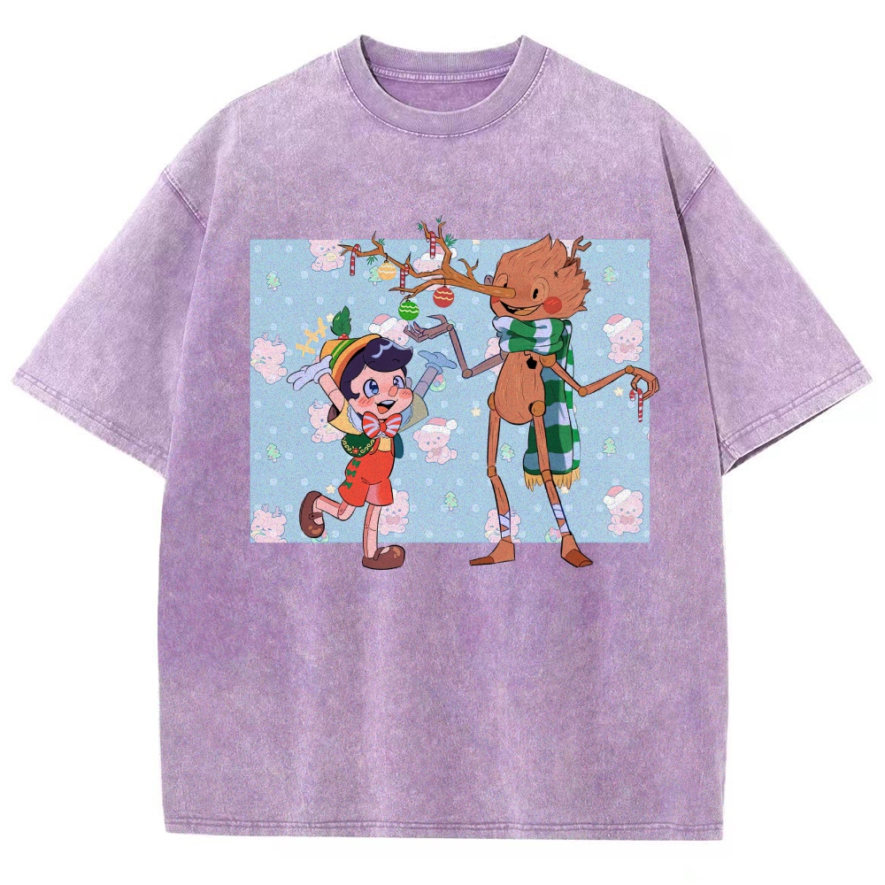 Festive Puppet & Reindeer Figure Graphic Washed T-Shirt