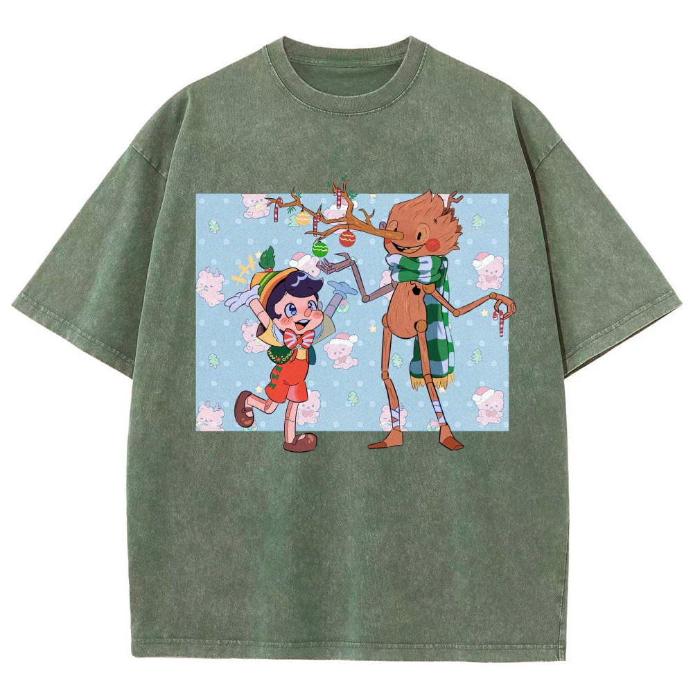 Festive Puppet & Reindeer Figure Graphic Washed T-Shirt