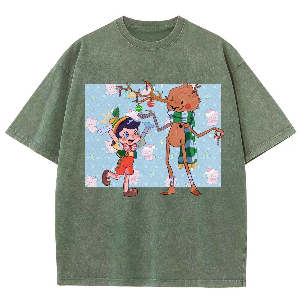 Festive Puppet & Reindeer Figure Graphic Washed T-Shirt