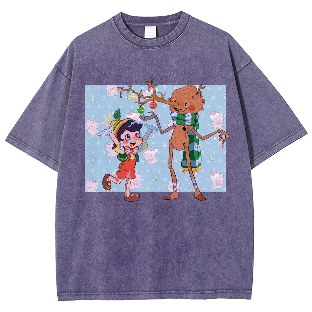Festive Puppet & Reindeer Figure Graphic Washed T-Shirt