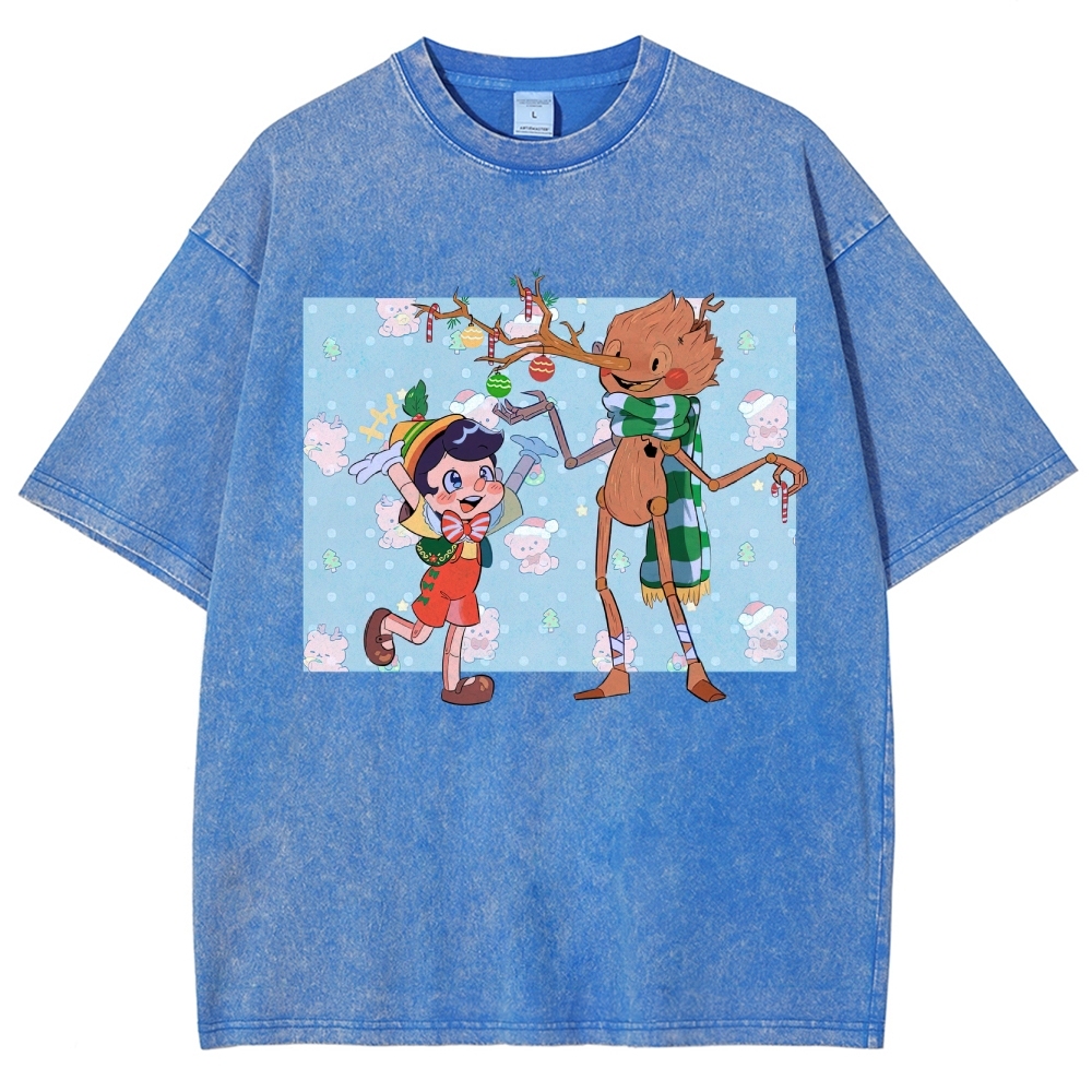 Festive Puppet & Reindeer Figure Graphic Washed T-Shirt