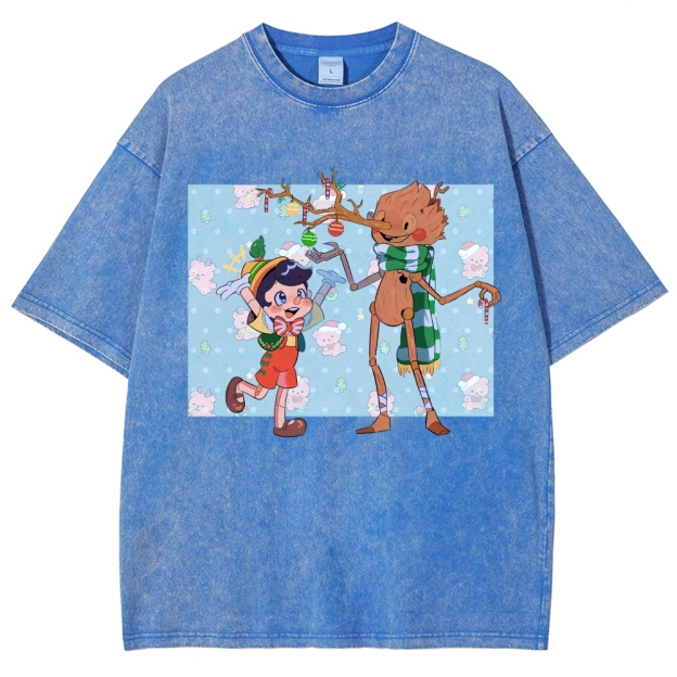 Festive Puppet & Reindeer Figure Graphic Washed T-Shirt