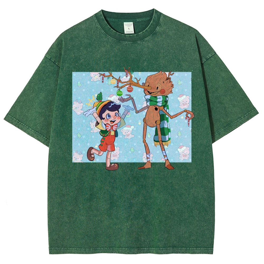 Festive Puppet & Reindeer Figure Graphic Washed T-Shirt
