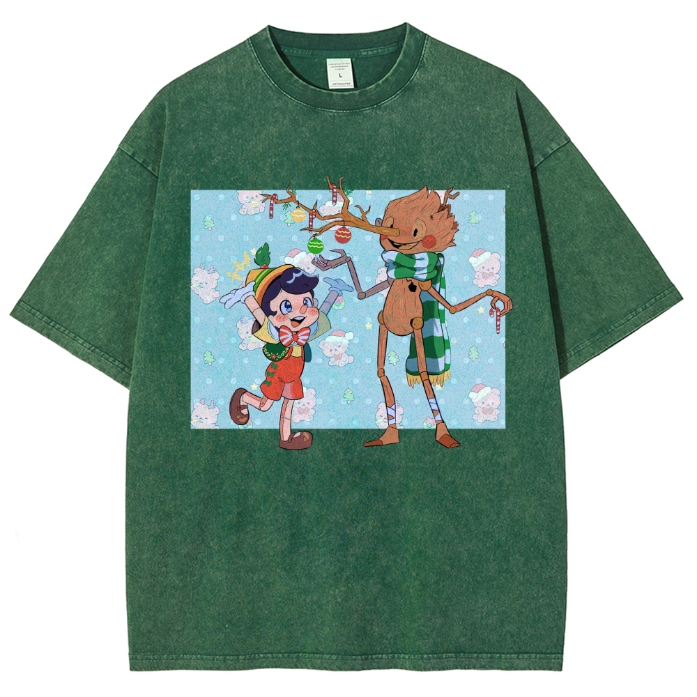 Festive Puppet & Reindeer Figure Graphic Washed T-Shirt