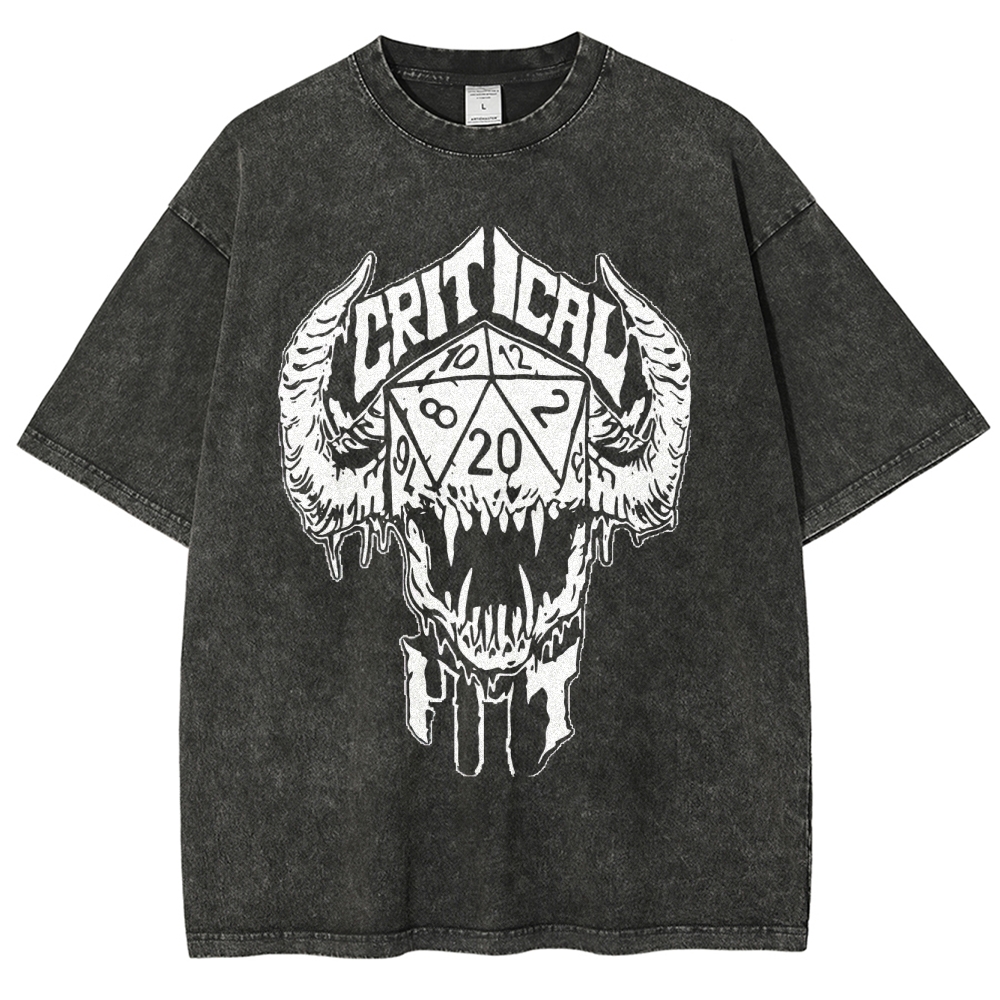 Critical Hit D20 Demon Skull Graphic Washed T-Shirt