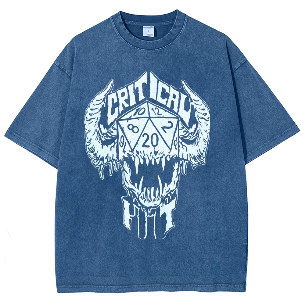 Critical Hit D20 Demon Skull Graphic Washed T-Shirt