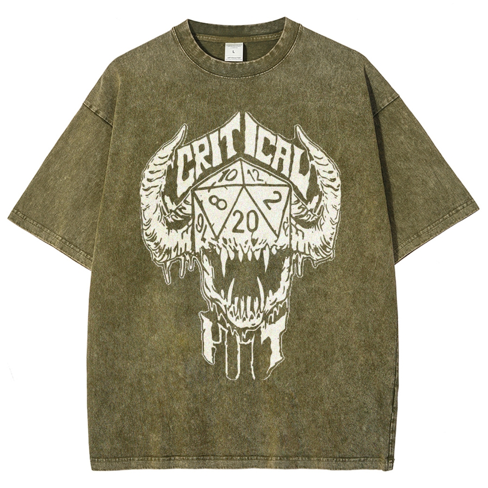 Critical Hit D20 Demon Skull Graphic Washed T-Shirt