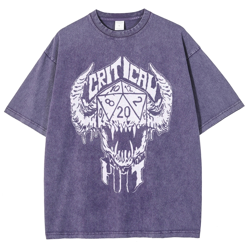 Critical Hit D20 Demon Skull Graphic Washed T-Shirt