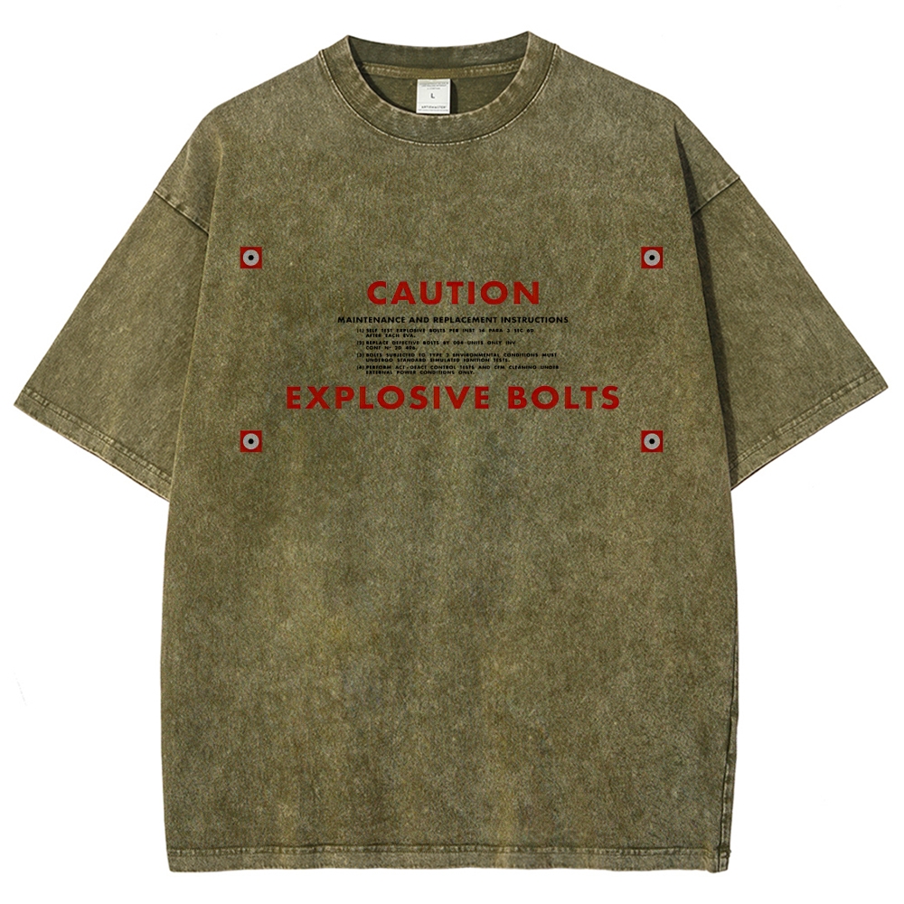 Caution Explosive Bolts Instructional Graphic Washed T-Shirt