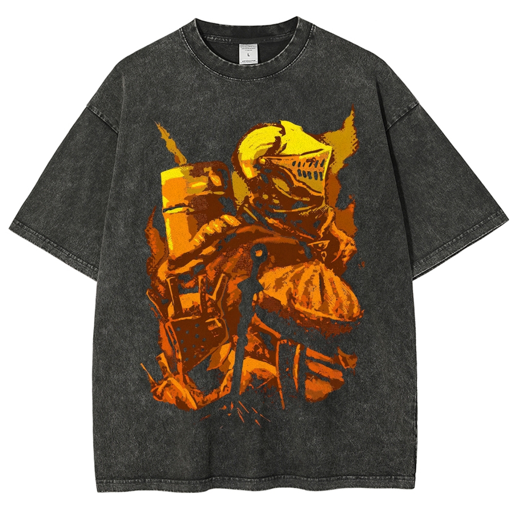 Flame-Embossed Armored Knight Graphic Washed T-Shirt