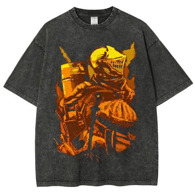 Flame-Embossed Armored Knight Graphic Washed T-Shirt