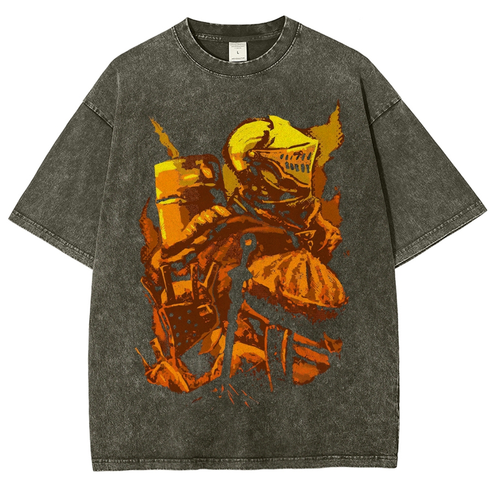 Flame-Embossed Armored Knight Graphic Washed T-Shirt