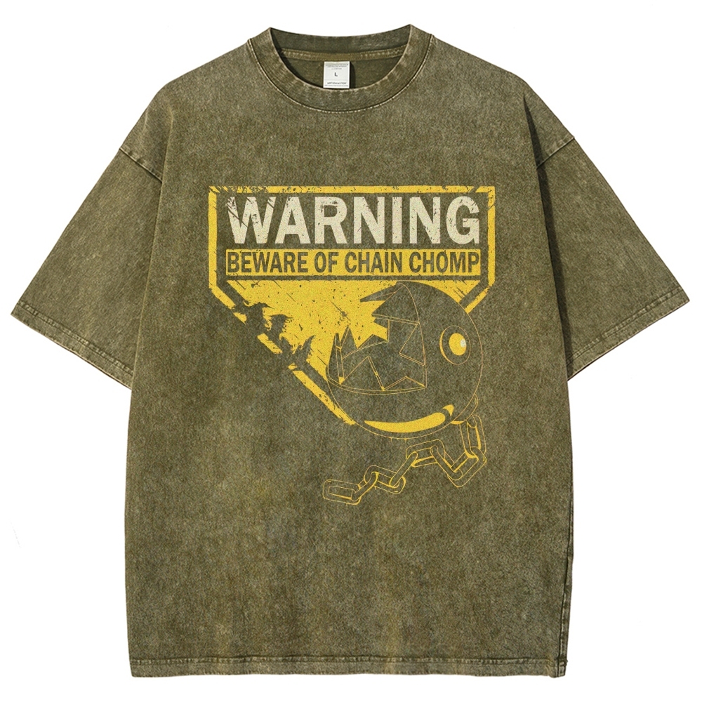 Beware of Chain Chomp Warning Graphic Washed T-Shirt