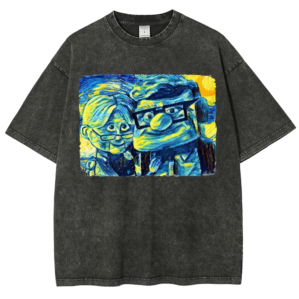 Starry-Style Couple Portrait Graphic Washed T-Shirt