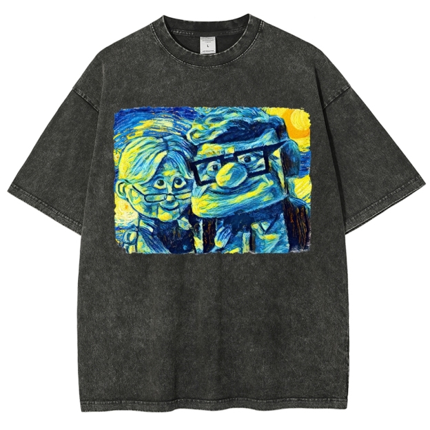 Starry-Style Couple Portrait Graphic Washed T-Shirt