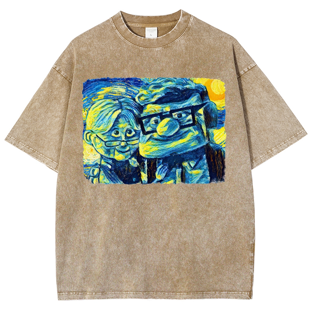 Starry-Style Couple Portrait Graphic Washed T-Shirt