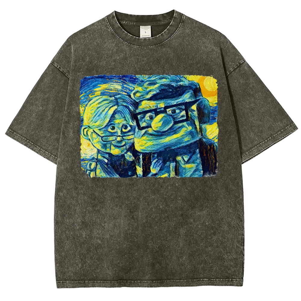 Starry-Style Couple Portrait Graphic Washed T-Shirt