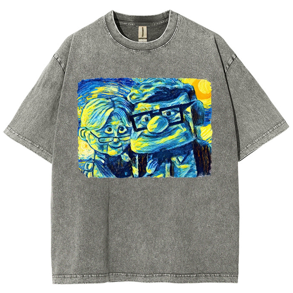 Starry-Style Couple Portrait Graphic Washed T-Shirt