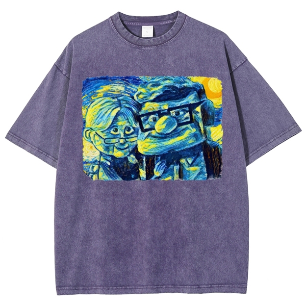 Starry-Style Couple Portrait Graphic Washed T-Shirt