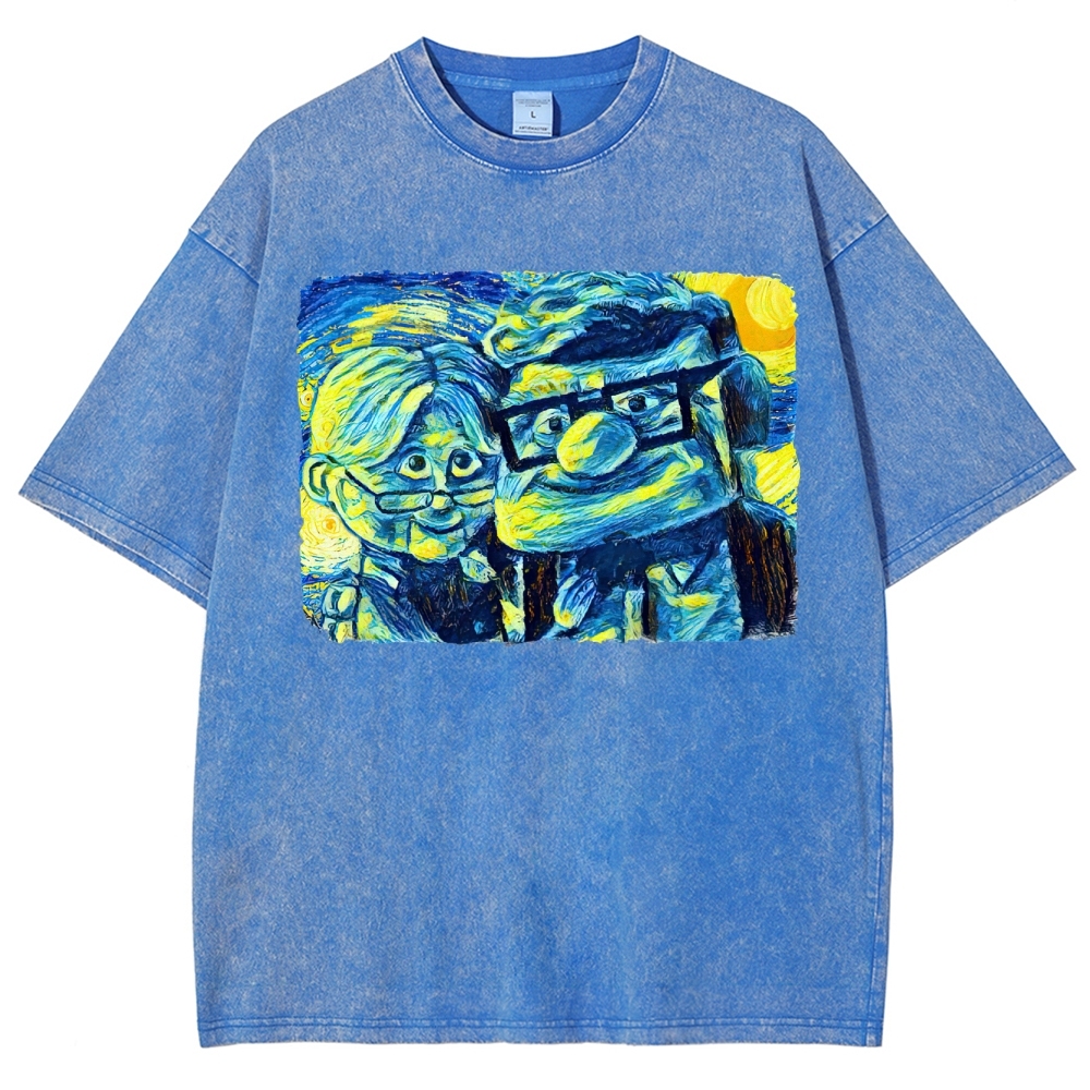 Starry-Style Couple Portrait Graphic Washed T-Shirt