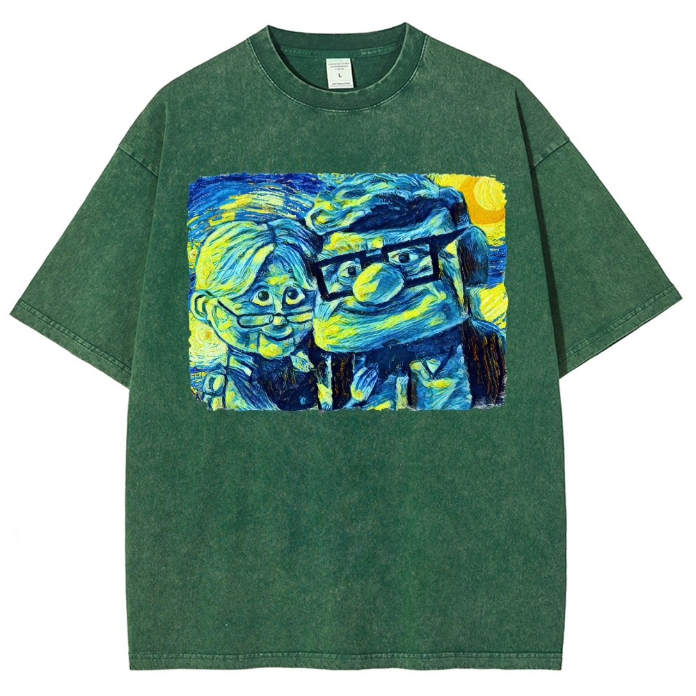 Starry-Style Couple Portrait Graphic Washed T-Shirt