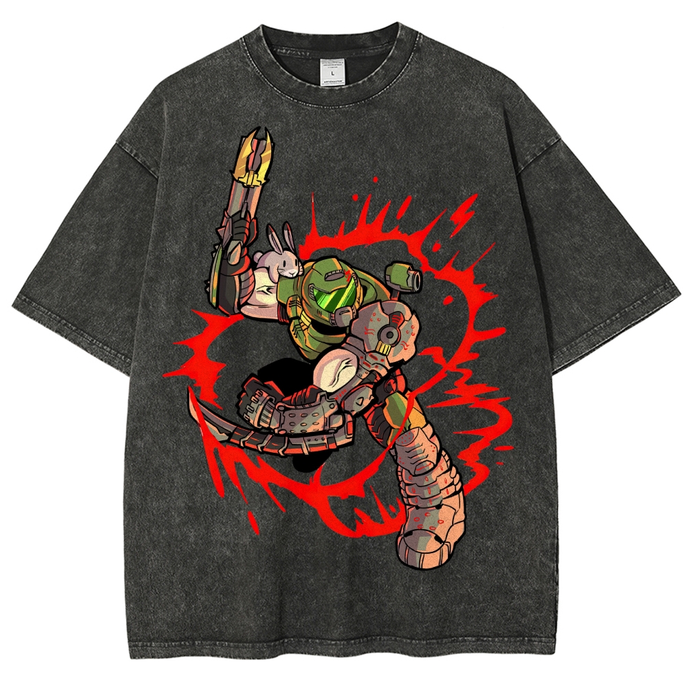 Armored Warrior & Bunny Companion Graphic Washed T-Shirt