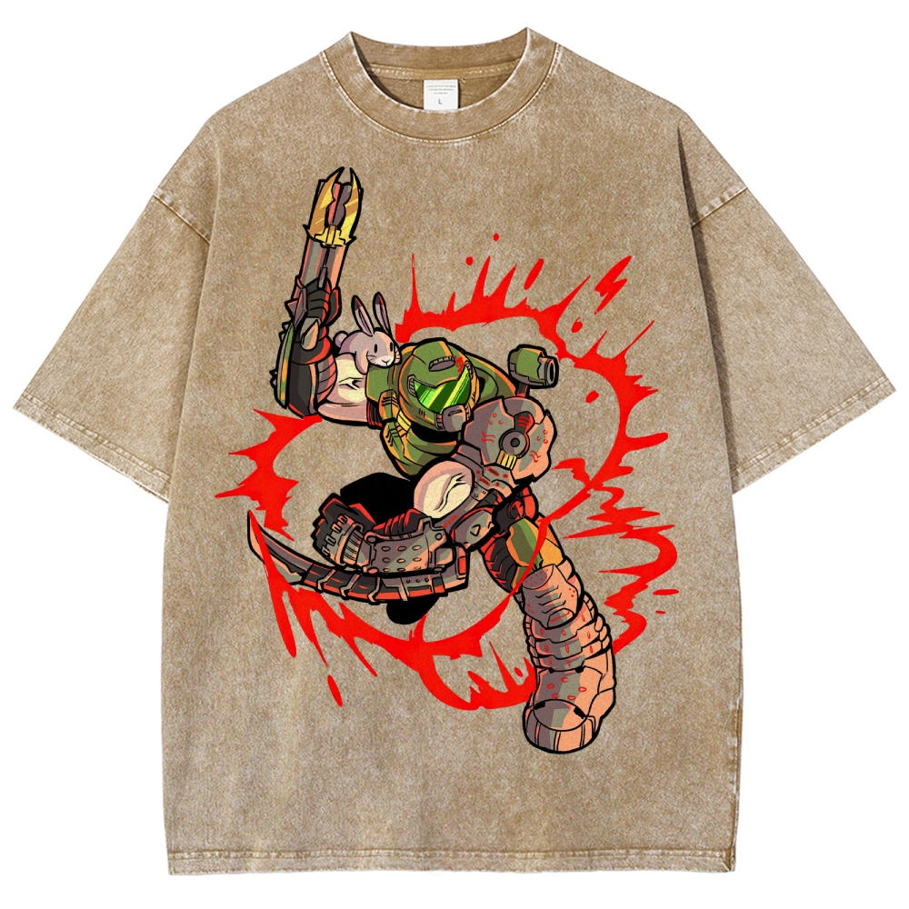 Armored Warrior & Bunny Companion Graphic Washed T-Shirt