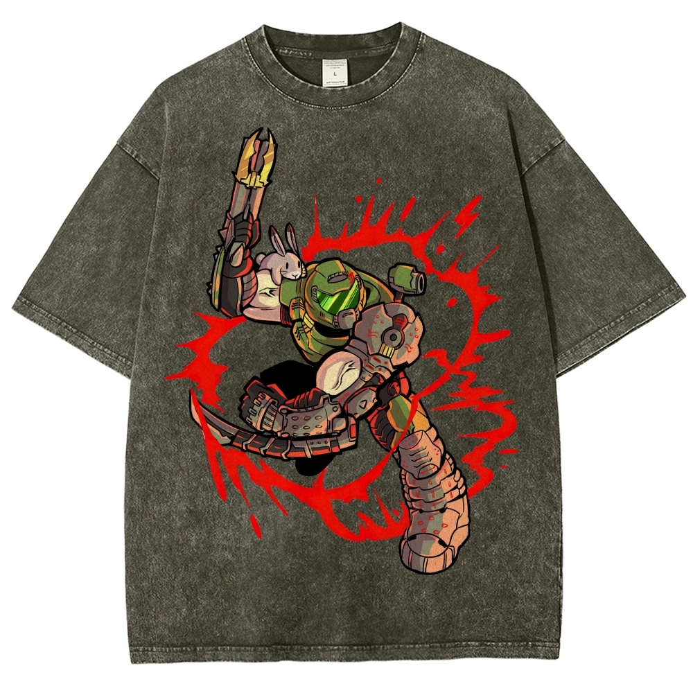Armored Warrior & Bunny Companion Graphic Washed T-Shirt
