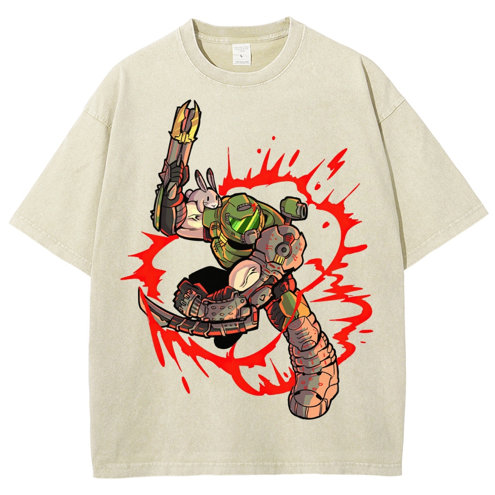 Armored Warrior & Bunny Companion Graphic Washed T-Shirt