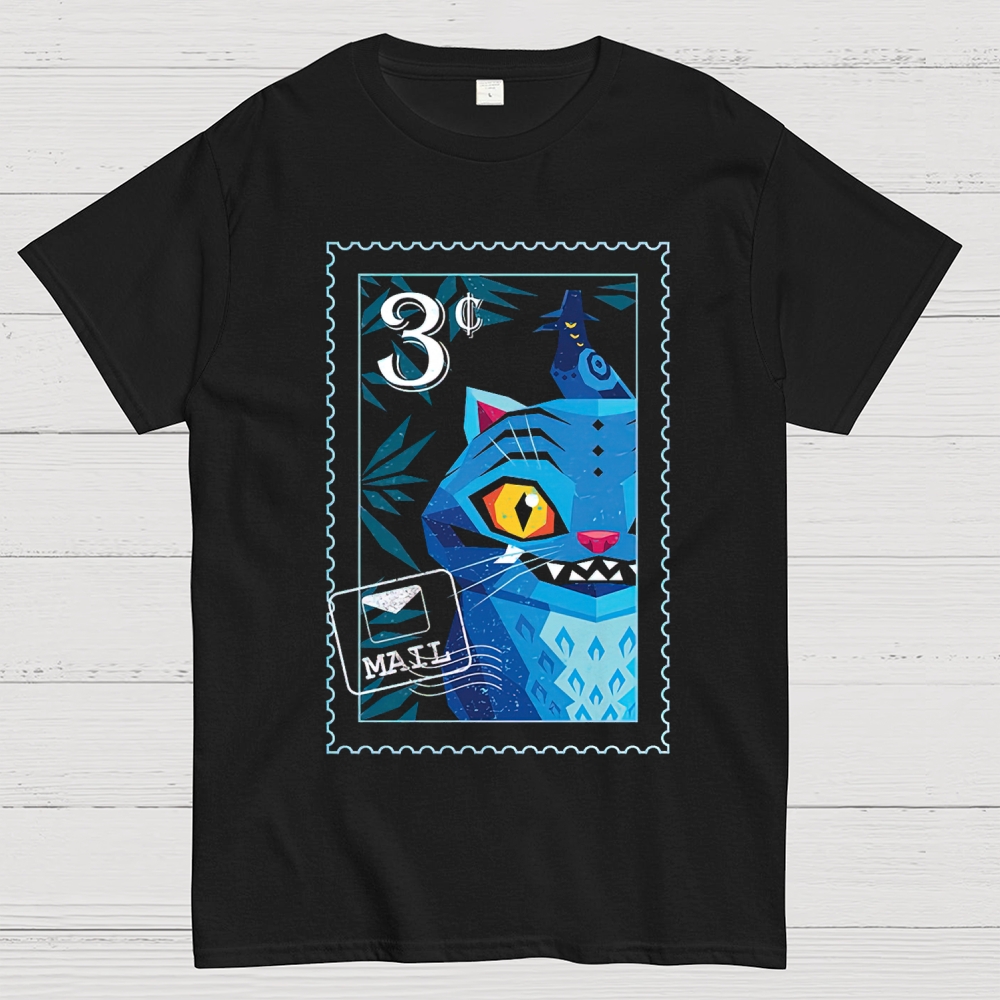 Geometric Blue Cat Stamp Design Cotton T-shirt 