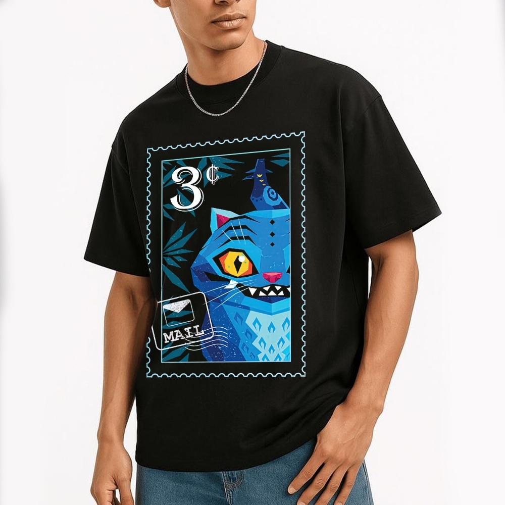 Geometric Blue Cat Stamp Design Cotton T-shirt 