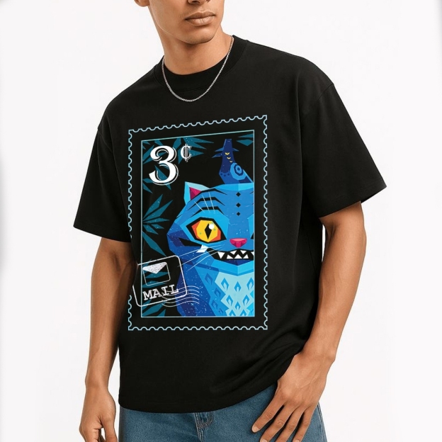 Geometric Blue Cat Stamp Design Cotton T-shirt 