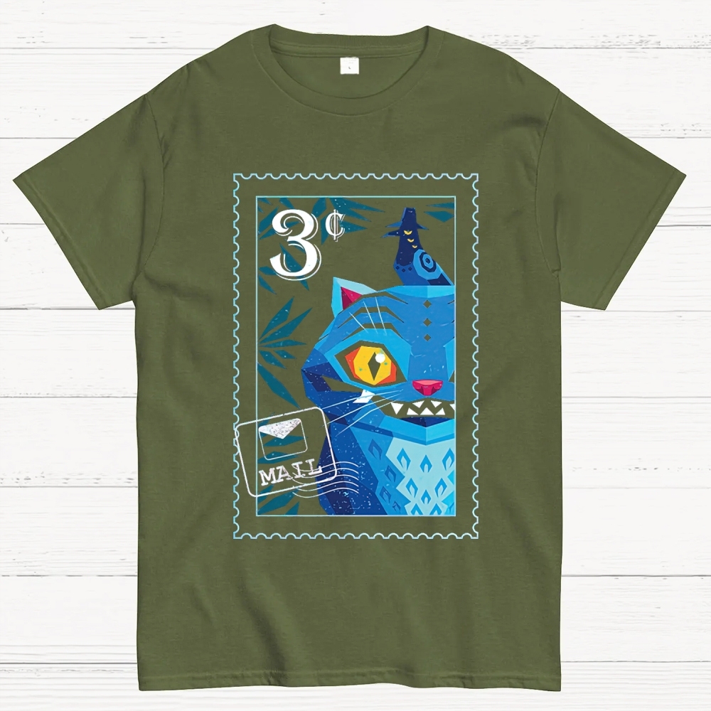 Geometric Blue Cat Stamp Design Cotton T-shirt 
