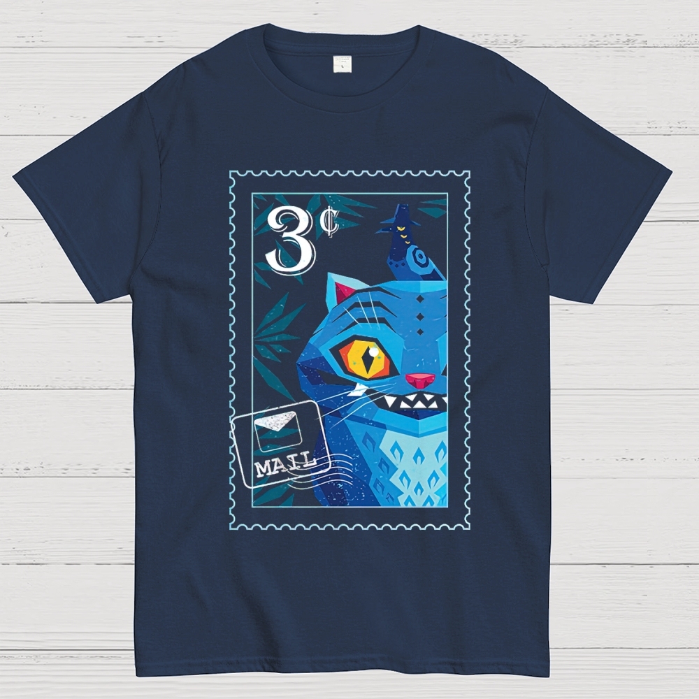 Geometric Blue Cat Stamp Design Cotton T-shirt 