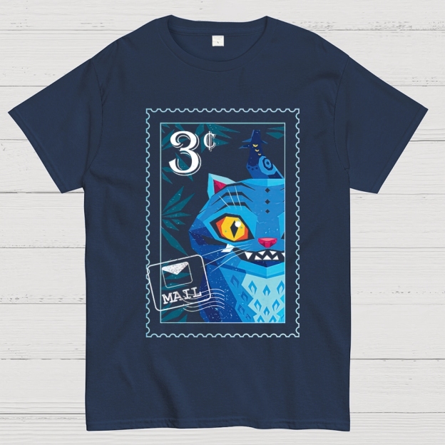 Geometric Blue Cat Stamp Design Cotton T-shirt 