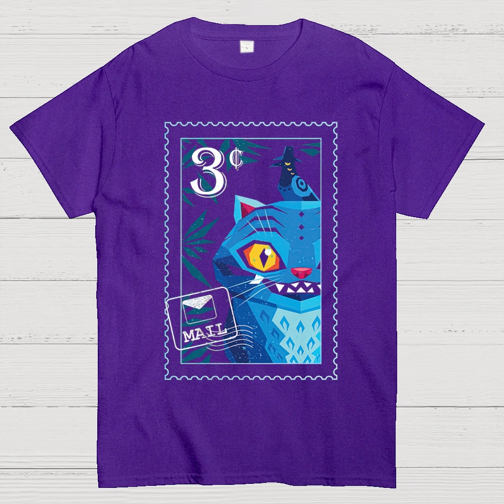 Geometric Blue Cat Stamp Design Cotton T-shirt 