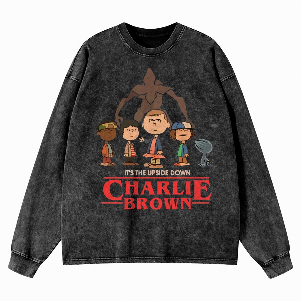 Upside Down Charlie Brown Graphic Washed Long-Sleeved T-Shirt