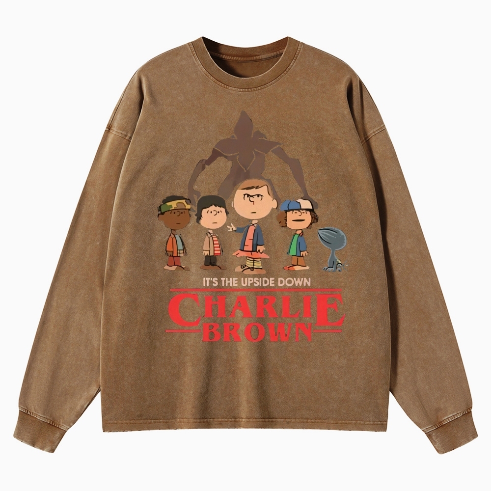 Upside Down Charlie Brown Graphic Washed Long-Sleeved T-Shirt