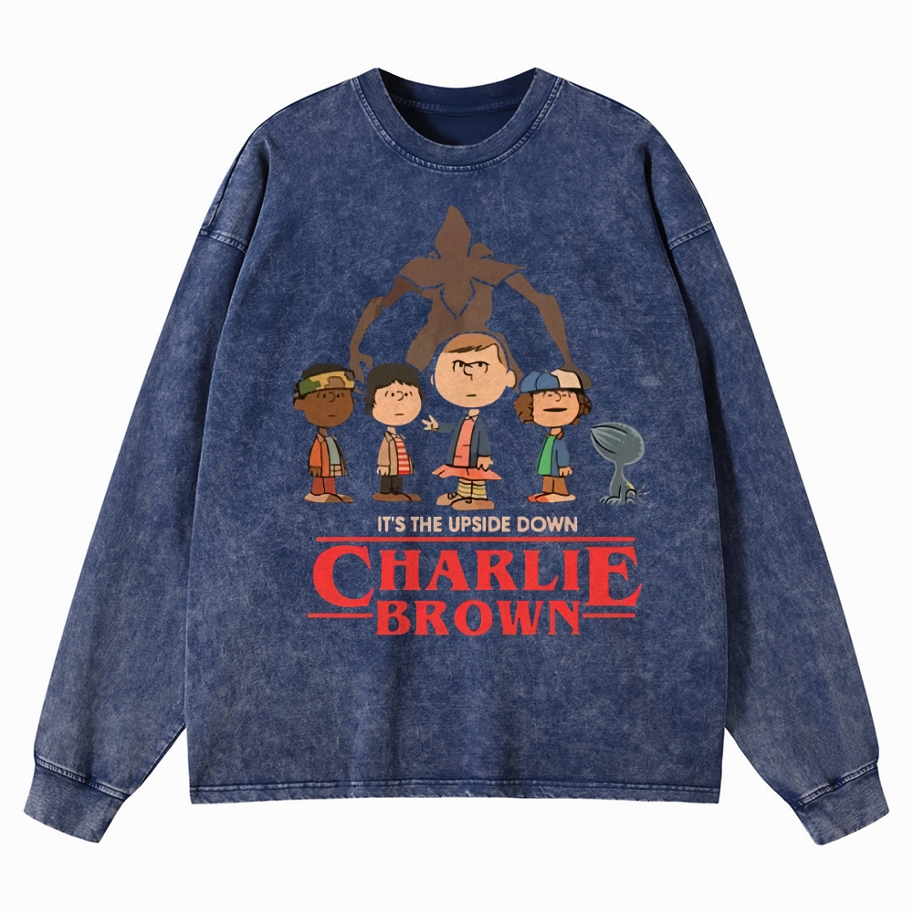 Upside Down Charlie Brown Graphic Washed Long-Sleeved T-Shirt