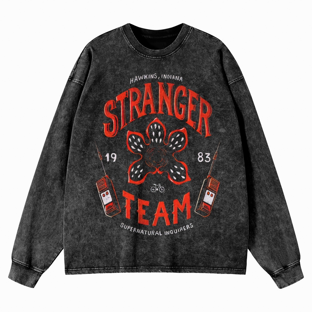 "Hawkins Stranger Team" Supernatural Retro Graphic Washed Long-Sleeved T-Shirt